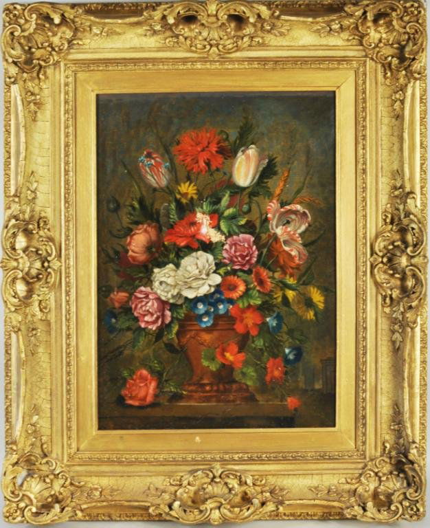 English or Dutch School Floral Still Life O/C: English or Dutch school, 19th C., Floral Urn Still Life, oil on canvas, unsigned, stenciled on canvas on reverse: 120 Prepared by Henderson & Co., London. 31" high, 25" wide. Condition: large tear, lo