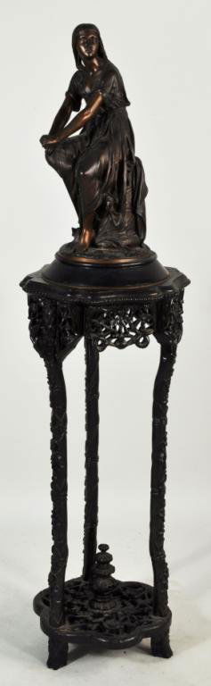 Jean-Louis Gregoire, Bronze Seated Maiden: Jean Louis Gregoire,(French 1840-1890) bronze seated maiden in classical attire, signed on column near right foot "L. Gregoire", on a removable circular base, together with a carved hardwood stand wit