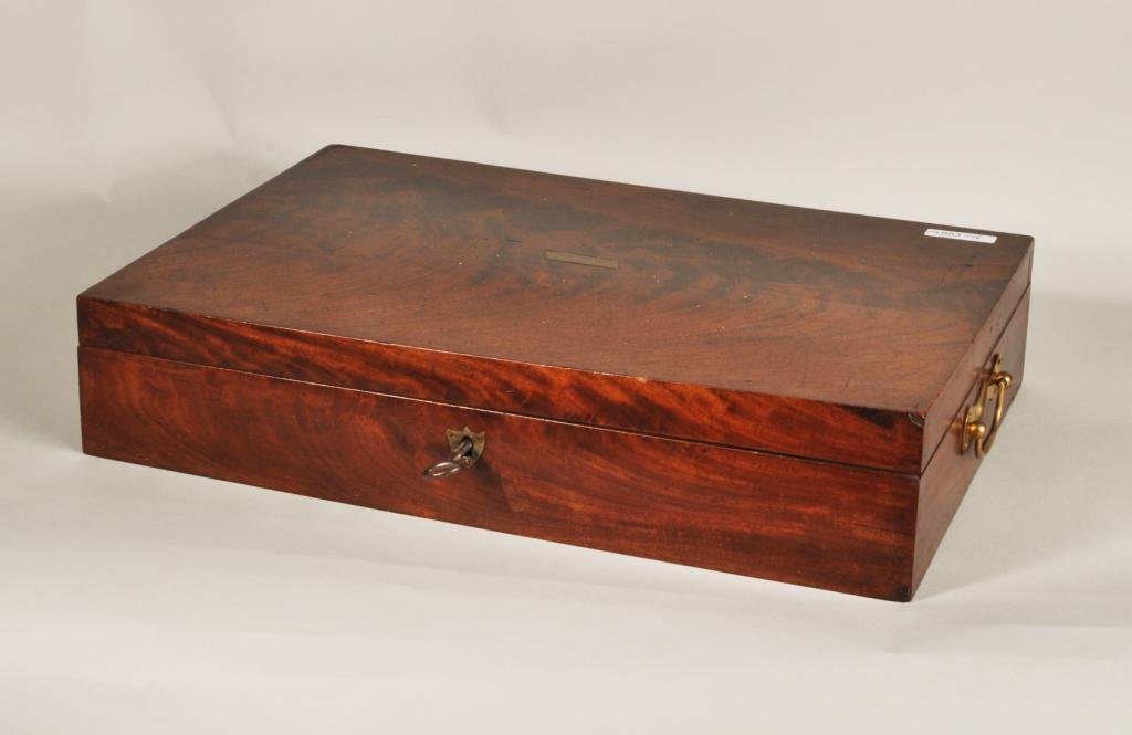 Mahogany Desk Box: Mahogany desk box, with two brass handles, shield escutcheon and black painted interior well, 20th C. 4 1/4" high, 19 1/2" wide, 12 1/2" deep.