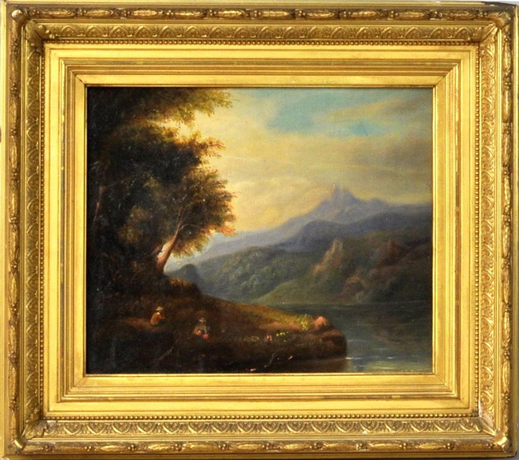 Hudson River School, Oil on Board: Hudson River School, 19th C., "Couple At Waters' Edge", mountains in background, oil on canvas laid down on board, unsigned. Sight size: 9 1/2" high, 11 1/2" wide; frame size: 15" high, 17" wide.