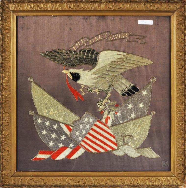 Patriotic Silk Embroidery, 19th C.: Patriotic silk embroidery, 19th C. "E Pluribus Unum" depicting an American eagle, US shield and flag, framed, not examined out of frame, some fading. Sight size: 18 1/2" high, 18 1/2" wide; frame size