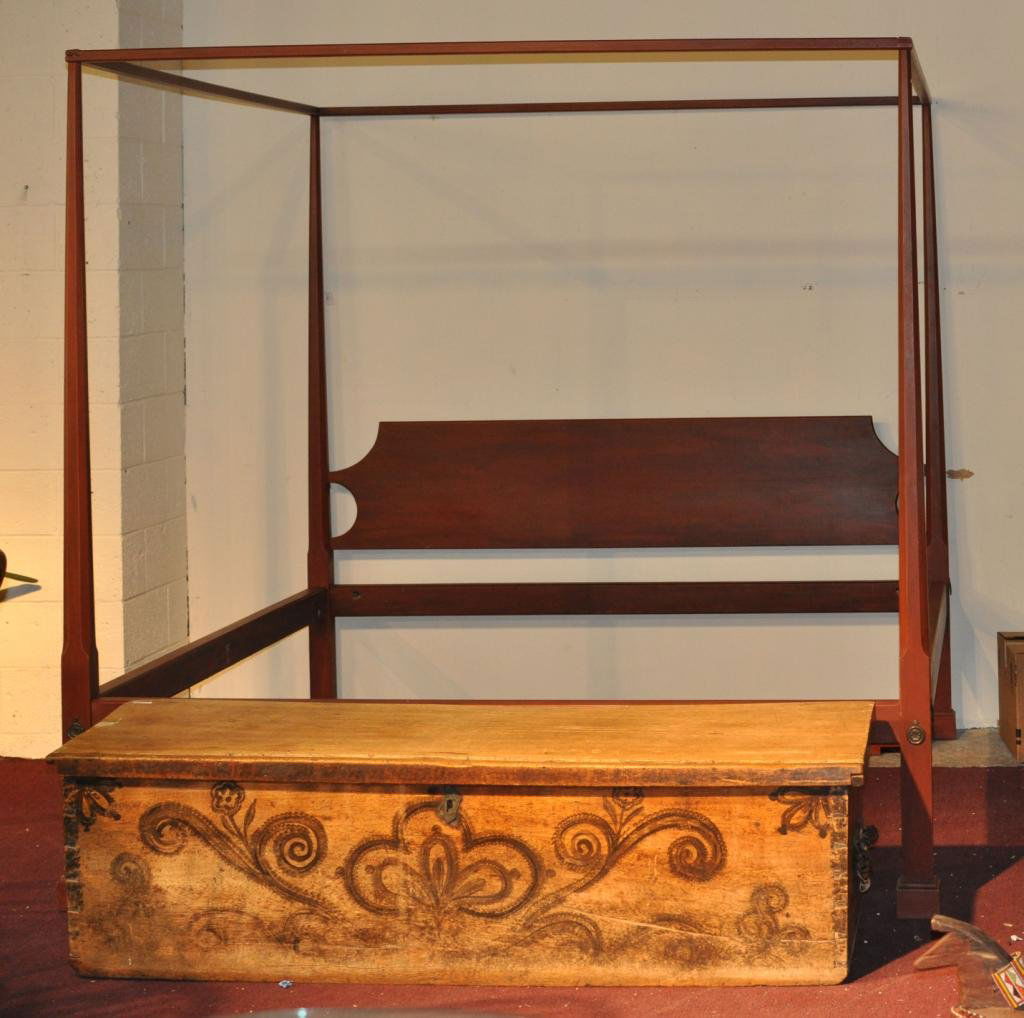 Custom Made Red Painted Shaker Style King Bed: Custom made red painted shaker style king canopy bed. 20th C. 81 1/2" high, 81" wide, 85" deep. Condition: use wear. Photo includes low chest Lot #257, being sold separately and not included in this L