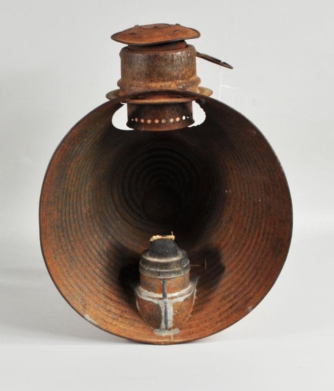 Red Tole Lantern: Red tole lantern, 19th C. 18" high, 11 3/4" wide. Condition: paint loss, rust, dents to top. Provenance: The Aronson Collection.