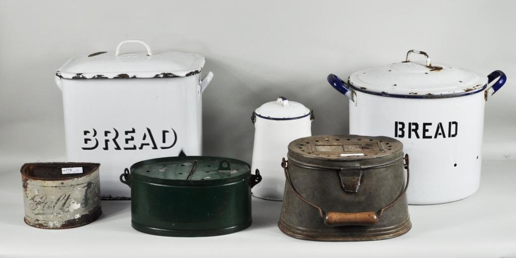Six Painted & Enameled Fishing & Kitchen Items: Six painted and enameled fishing and kitchen items, 19th/20th C, including two wood handled creels or bait boxes, two bread boxes and others. Smallest: 4 1/4" high, 6 1/2" wide; largest: 13 1/2" high,