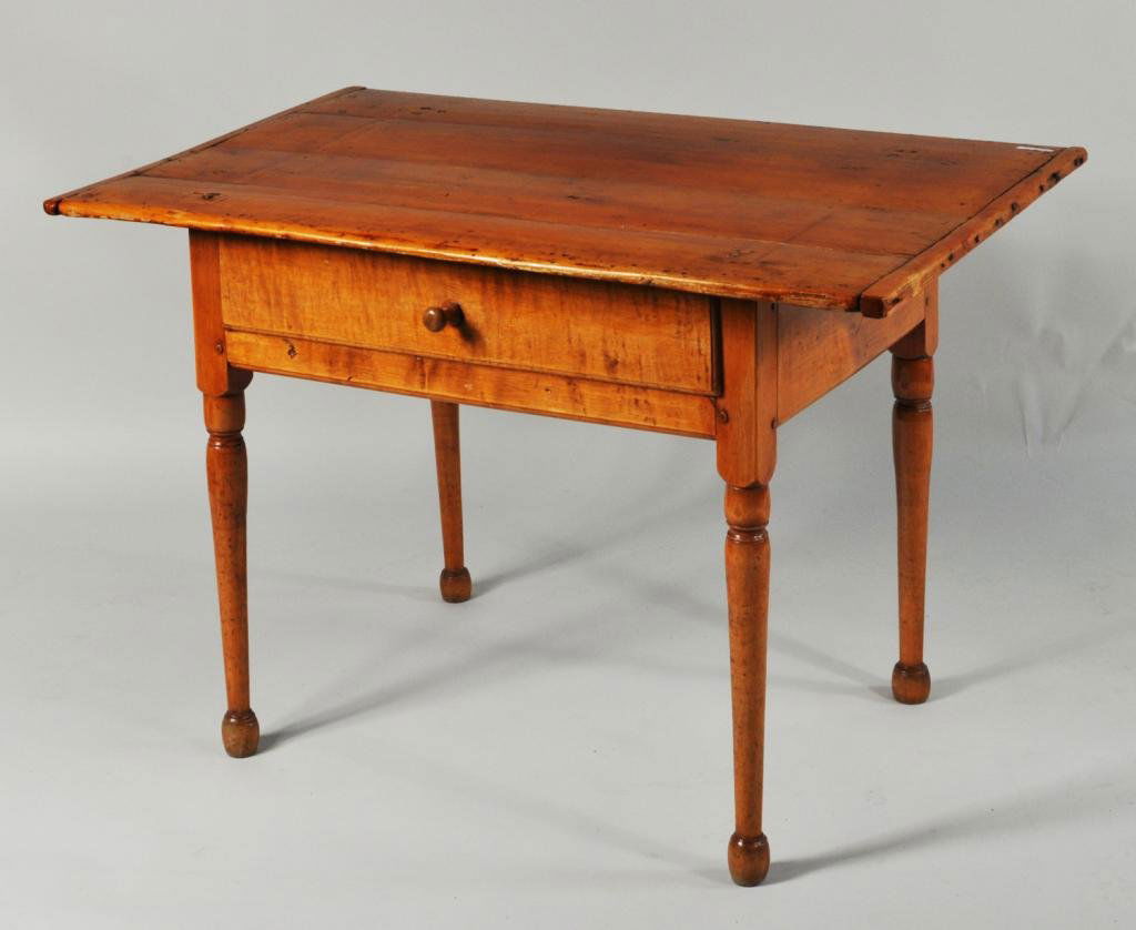 Pine & Maple 1-Drawer Tavern Table: Pine and maple one-drawer tavern table, 19th C., single board top with breadboard ends over one drawer with tiger maple front, on turned legs. 25 1/2" high, 40 1/2" wide, 27" deep. Condition: age crac