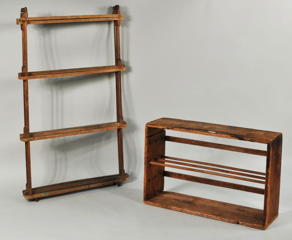 Shaker Turned Wood Folding Herb Drying Rack: Possibly Shaker turned wood folding herb drying rack, 19th/20th C., with four turned supports having acorn finials, together with a wood drying box. Each panel 50 1/2" high, 30" long. Condition: use w