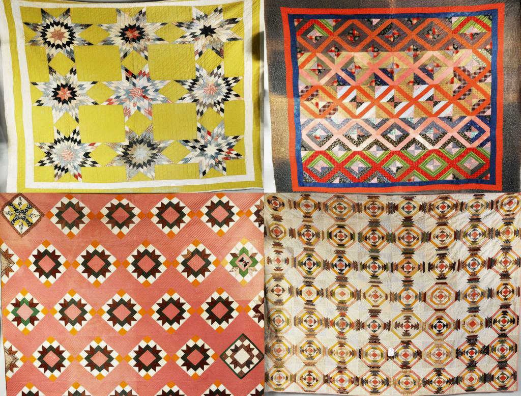 Four Quilts, 19th C., Quilt Rack: Four quilts, 19th C., including a pink and red gingham quilt with maroon, green, orange and white star blocks signed on corner Mary S. Pugh 18 -- and others, together with a Victorian quilt rack, repa
