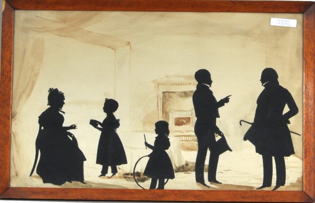 Large Silhouette of Family: Large silhouette of a family in an interior, 19th C., with handpainted watercolor background. Sight size: 12" high, 19 1/2" wide. Condition: tear to paper lower right edge.