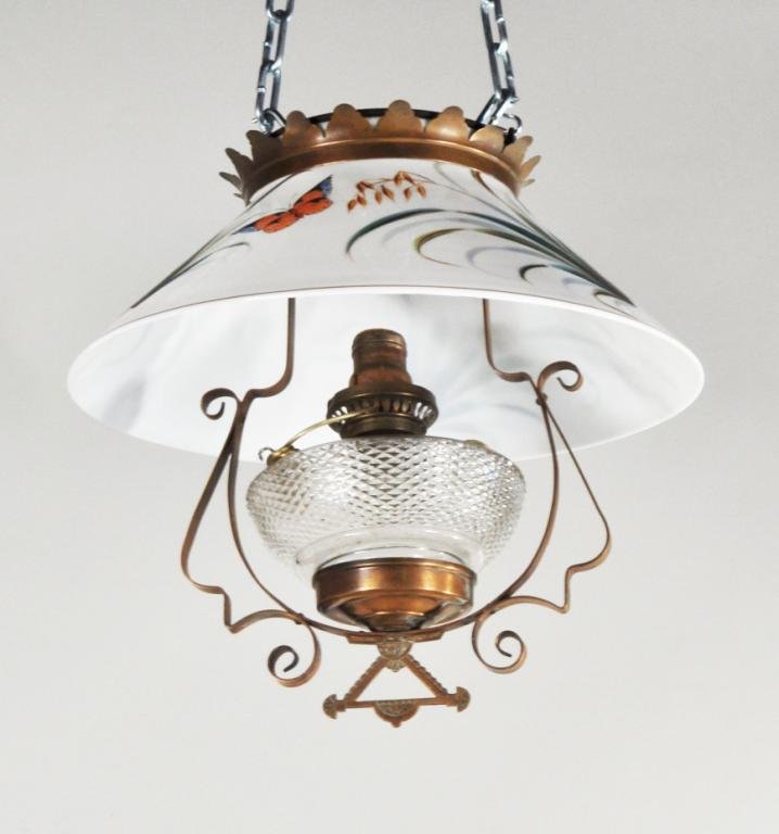 Painted Opaline Hanging Oil Lamp: Painted hanging oil lamp, 19th C.,with copper frame and drop pendant and butterfly decorated milk glass shade. 14" high, 14" diameter.