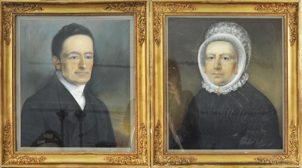 Pair of American Pastel Portraits: Pair of American pastel portraits, 19th C., depicting a lady in lace cap and elaborate gold earrings, and main in white stock, black suit and vest. 25 3/4" high, 23 1/4" wide; sight size: 21" high, 18