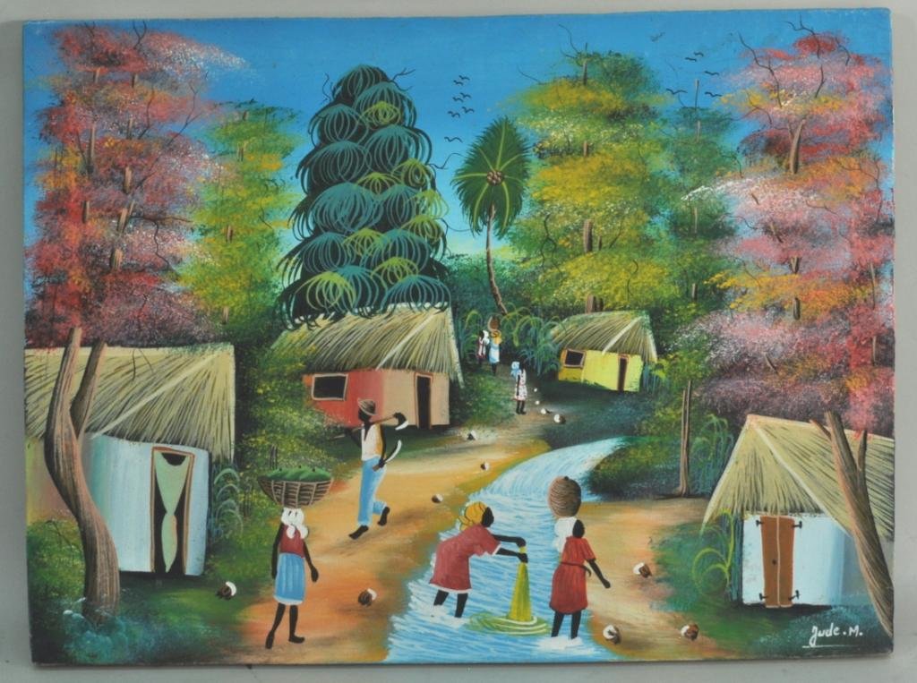 Jude M., Haitian School: Jude M., Haitian School, 20th C., "Village Scene" acrylic on canvas, signed lower right Jude M. 12" high, 16" wide.
