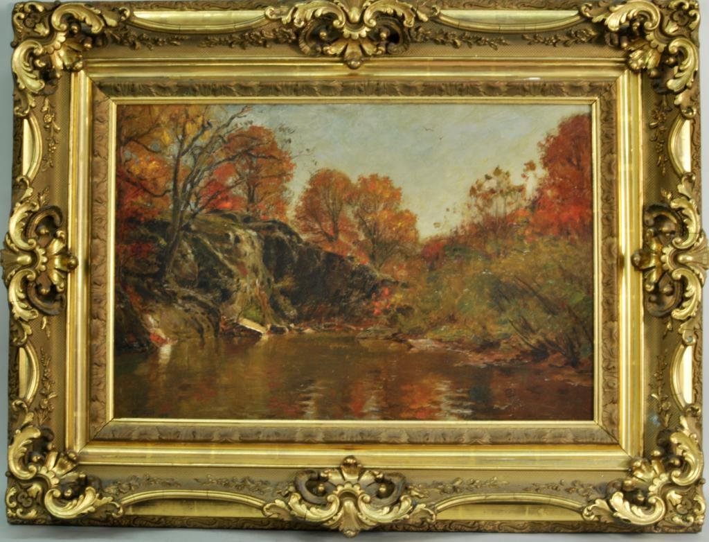 American or English School, Oil on Canvas: American or English School, 20th C., "Waters' Edge" oil on canvas, signed, dated, lower left Gilbert 1902. Sight size: 15 1/2" high, 23 1/2" wide; frame size: 26" high, 34" wide. Condition: laid down 