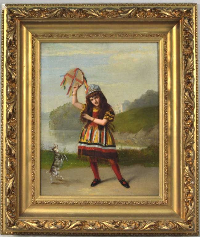 E. Vedder, Young Girl With Tambourine, O/Board: Elihu Vedder, (Amer. 1836-1923), "Young Girl with Tambourine and Goat" (possibly a portrait of the artist's daughter), oil on board, signed on board in pencil on reverse: 21 S. Lassa Av, EJ Vedder 110