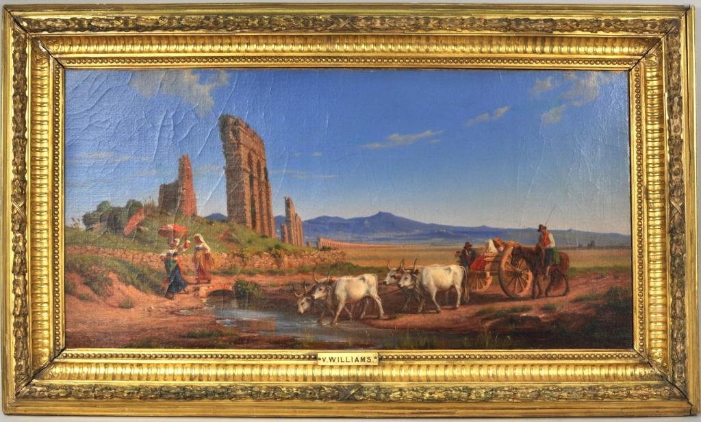 V. Williams, Landscape, Oil on Canvas: Virgil Maley Williams (Amer. 1830-1886) "Ox Cart and Ruins in Landscape", oil on canvas, signed, dated lower right V.M. Williams, Rome 1864 or 1884. Sight size: 14 3/4" high, 29 1/4" wide; frame size:
