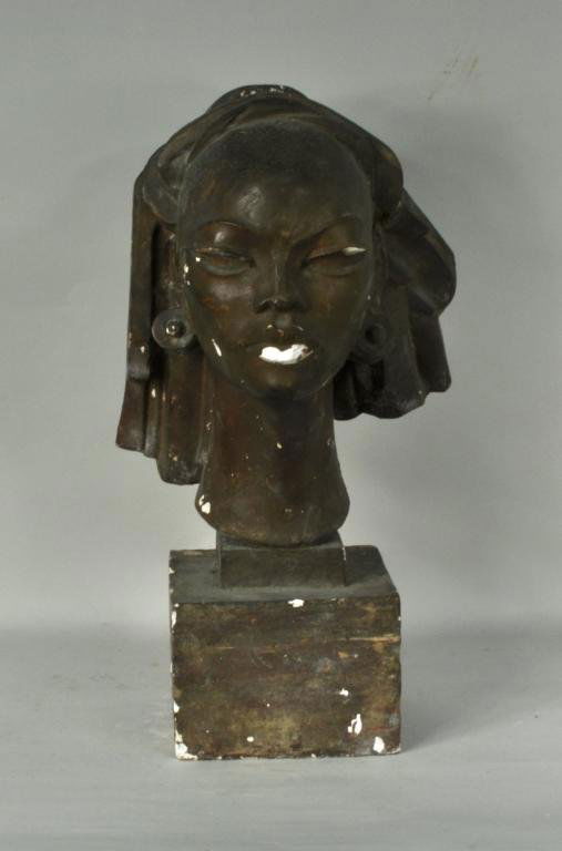 Frank Eliscu, Plaster Portrait Bust, African Woman: Frank Eliscu (Am. 1912-1916), plaster portrait bust of an African woman, finely modeled with head wrap and earrings on a square base, signed, fully developed plaster model, now with losses, broken and