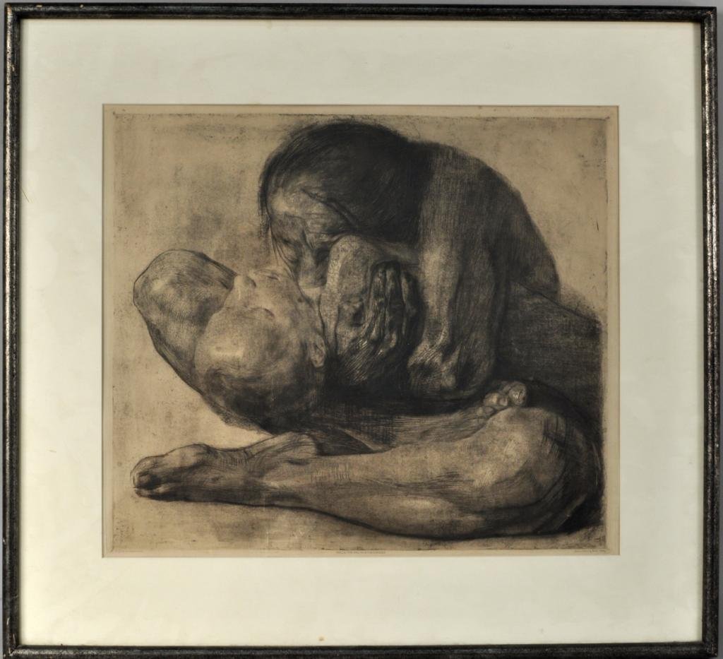 Kathe Kollwitz, Etching, Frau Mit Totem Kind: Kathe Kollwitz (Ger. 1867-1945) Frau Mit Totem Kind, etching, dry point and soft ground etching, 1903. Printed by Otto Felsing, Berlin and published by Emil Richter, Dresden. A fine impression with to