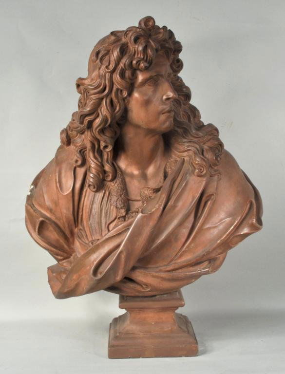 Terra Cotta Painted Plaster Portrait Bust Nobleman: Terra cotta painted plaster portrait bust of a French nobleman, 19th-20th C., finely modeled robed figure one-quarter length facing left. 31" high overall. Condition: small losses.