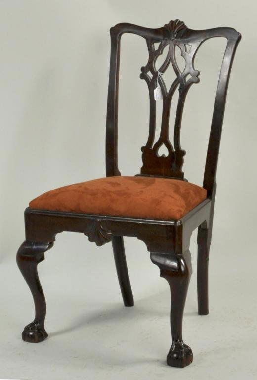 American Chippendale Mahogany Side Chair, 18th C.: American Chippendale mahogany side chair, 18th C., shell carving on crest rail, and apron, pierce carved back splat with heart cutout on ball and claw feet, possibly Philadelphia. 38" high, 21 1/2" wi