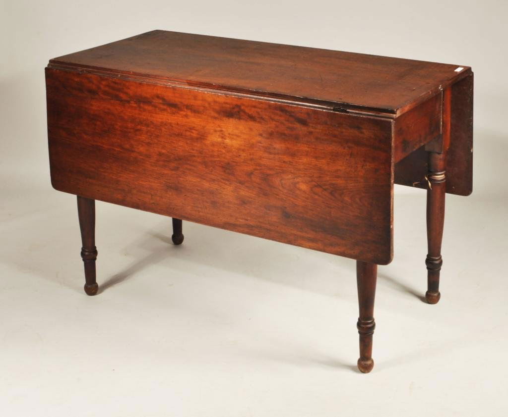 American Sheraton Cherry Drop Leaf Table: American Sheraton cherry drop leaf table, with ball and ring turned legs and bulbous feet, New England, early 19th C. 28 3/4" high, 21" wide leaves down, 49" wide leaves up, 41" deep.