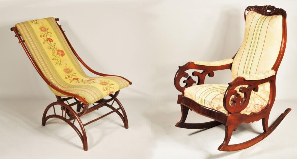 Two American Rocking Chairs: Two American rocking chairs, comprising a Victorian mahogany rocking chair with serpentine seat and rose carved crest, together with a campeche style bentwood rocking chair with floral upholstery, lat