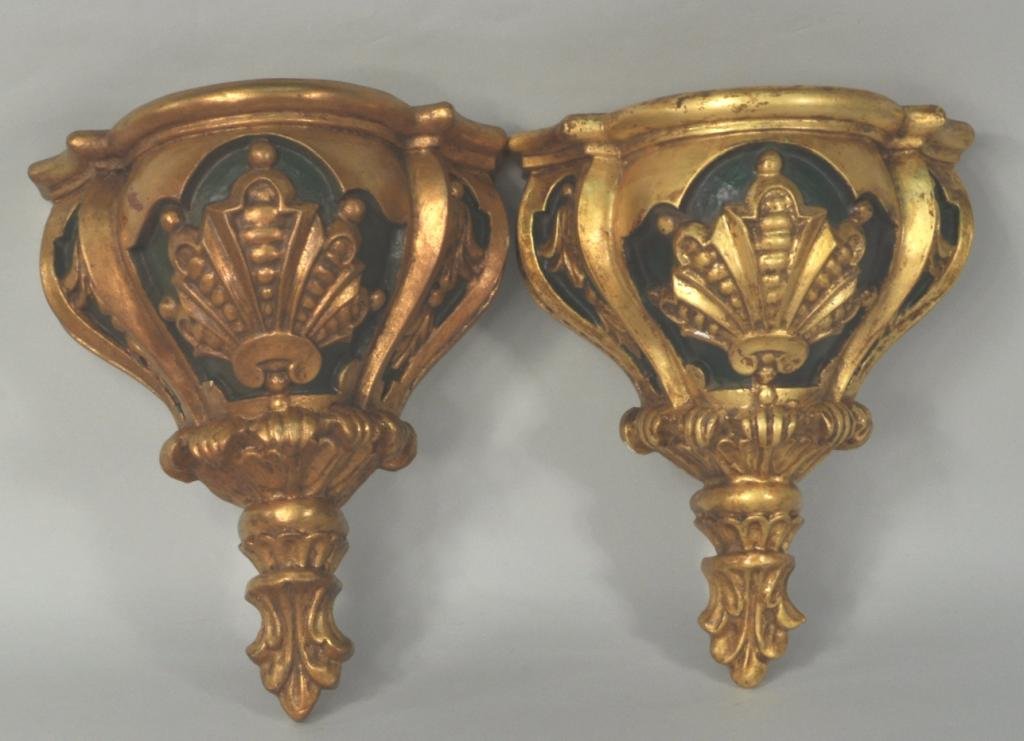 Pair Red Carved, Painted & Gilded Wall Brackets: Pair of red, carved, painted and gilded wood wall brackets, 20th C. 12" high, 9 1/2" wide.