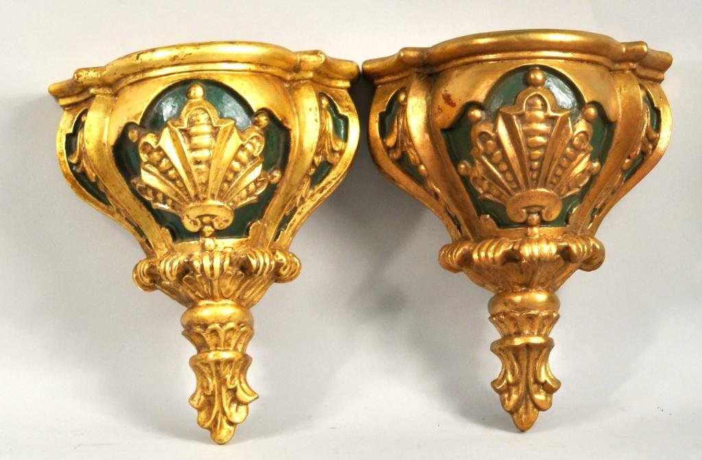 Pair Green Carved, Painted & Gilded Wall Brackets: Pair of green, carved, painted and gilded wood wall brackets, 20th C. 12" high, 9 1/2" wide.