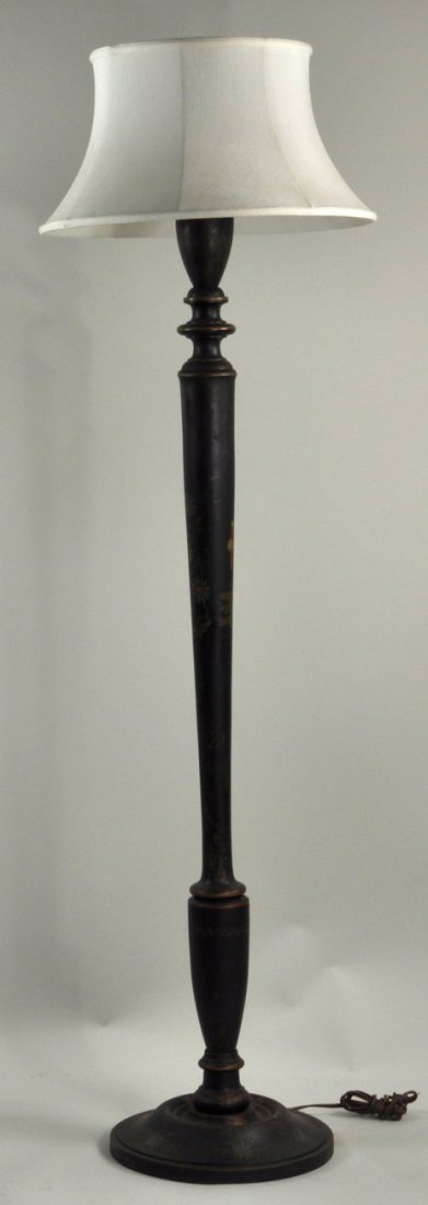 Sheraton Style Japanned Floor Lamp: Sheraton style floor lamp, with turned shaft and base, and black Japanned style decoration, 20th C. 69" high, 13 1/2" diameter.