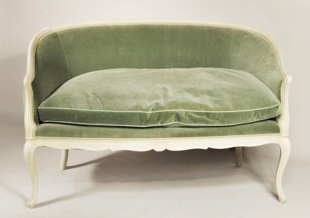 Louis XV Style Settee: Louis XV style settee, with shell carved apron and green velvet upholstery, 20th C. 30" high, 47" wide, 26" deep.