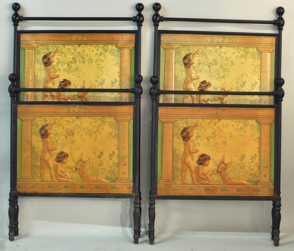 Pair Arts & Crafts Iron Twin Headboards/Footboards: Pair of Arts & Crafts twin iron & tin headboards and footboards, c. 1910, with pressed lithographed tin panels of children feeding deer under an apple tree, each panel marked P.M. & Co. Headboard: 65"
