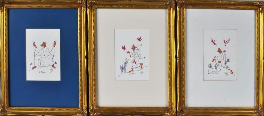Mike B. Ortega, Three Hand Colored Prints: Mike B. Ortega, New Mexico, 20th C., three hand colored prints of St. Francis, all titled, signed, dated Mike B. Ortega 91, framed, not examined out of frames. Sight size approximately 7" high, 5" wid