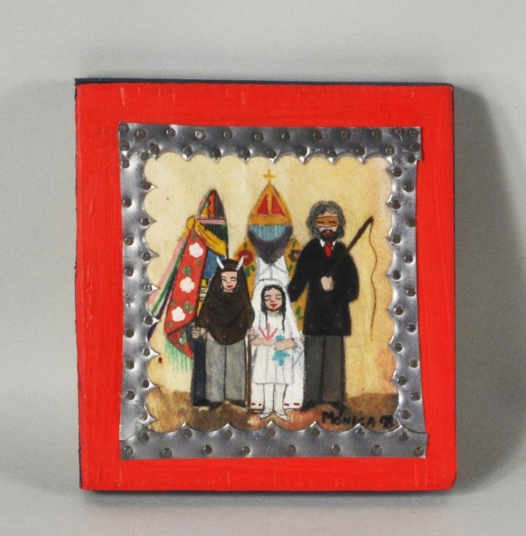 New Mexican Painted Retablo: New Mexican painted retablo, 20th C., "Matachines" by Monica Sosoya Halford, titled, signed, dated on reverse Monica Sosoya Halford 1998. 5 1/2" high, 6" wide.