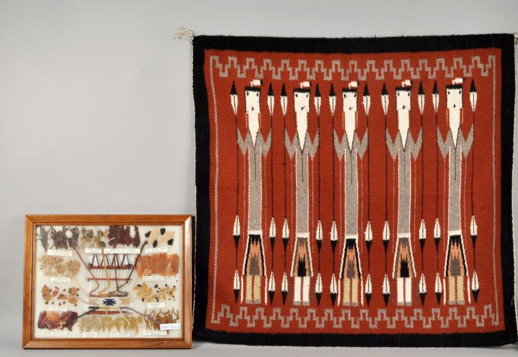Navajo Yei Rug & Framed Navajo Dye Chart: Navajo Yei rug, 20th C., woven by Elsie Clark, Many Farms - Chinle Valley area, with photo of weaver and trading post tag, Velcro hanging strip on reverse; together with a framed Navajo dye chart with
