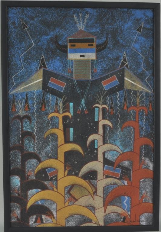 Joe Ben, Jr., Sand Painting, Signed: Joe Ben, Jr. (Navajo) 20th C. "Thunder Among the Corn World" sand painting, signed lower right Ben Jr., titled, signed on reverse. Sight size: 23 3/4" high, 15 3/4" wide; frame size: 25" high, 17" wid