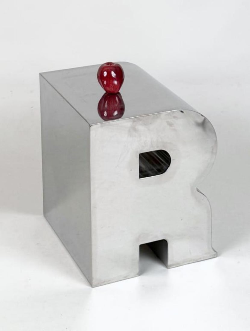 MCM Chrome Letter "R" Form Occasional Table: 19" high, 17 1/2" wide, 15 1/4" deep. Oxidation, soiling, scuffs, scratches.