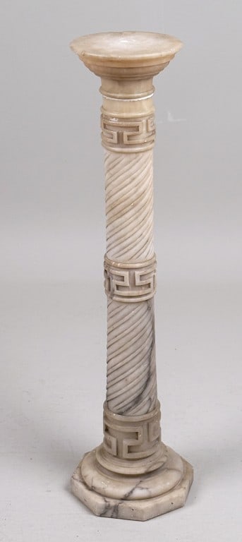 Neoclassical Carved Marble Pedestal: with Greek key design. 36 1/2" high, 9 1/2" wide, 10 1/4" deep. Stains, chips, repairs.