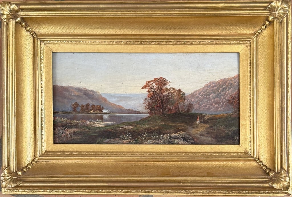 Hamilton, Painting of Delaware Water Gap: oil on board, attributed to James Hamilton (American, 1819-1878), pencil notes and label verso. Frame size: 14 3/4" high, 22 1/4" wide. Age and use wear.