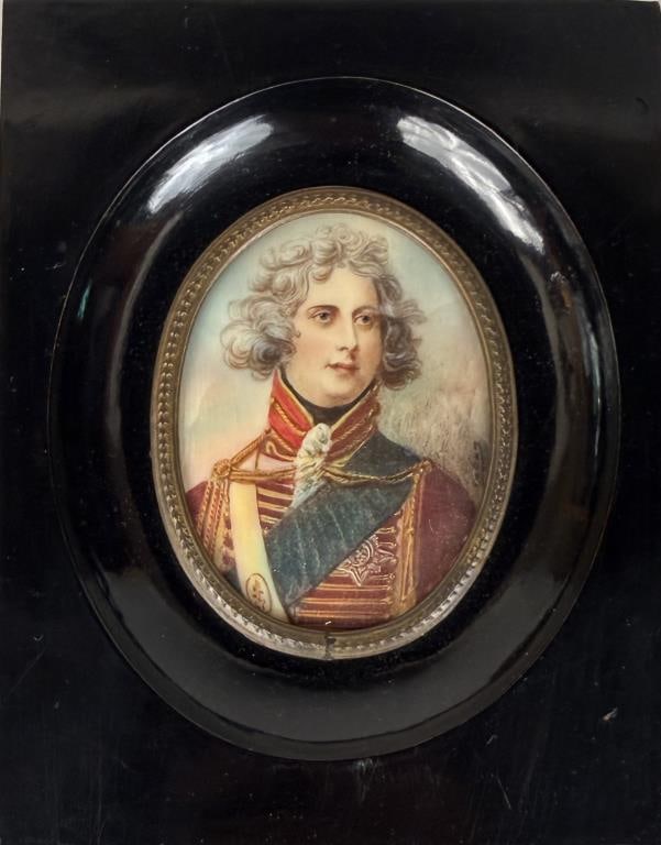 Portrait Miniature of George IV: depicting George IV as Prince Regent, in military dress. Frame size: 6 1/8" high, 4 7/8" wide. Light warp, frame wear. Not examined out of frame.