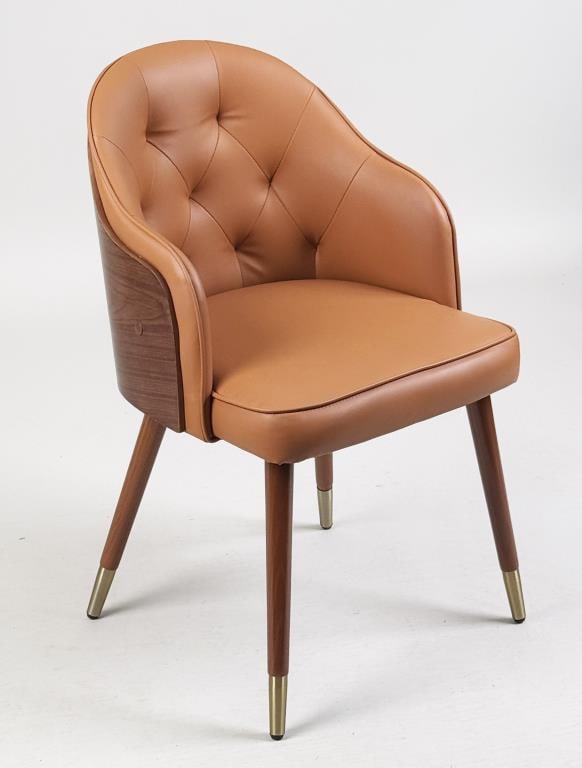 MCM Leatherette & Wood Barrel Chair: with arched back and integral arms, turned legs with brass caps. 31 1/4" high, 19 1/2" wide, 18 1/4" deep; seat height: 18 1/2". Age and use wear.