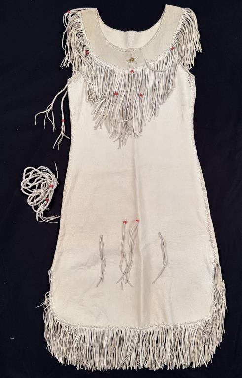 Vintage Signed Native American Leather Dress: with porcupine quill design and coral beads. 42 1/2" high, 14" across chest, noted size 8. Scattered staining.