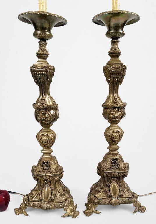 Pair Antique Brass Altar Candlesticks, As Lamps (1 of 6)