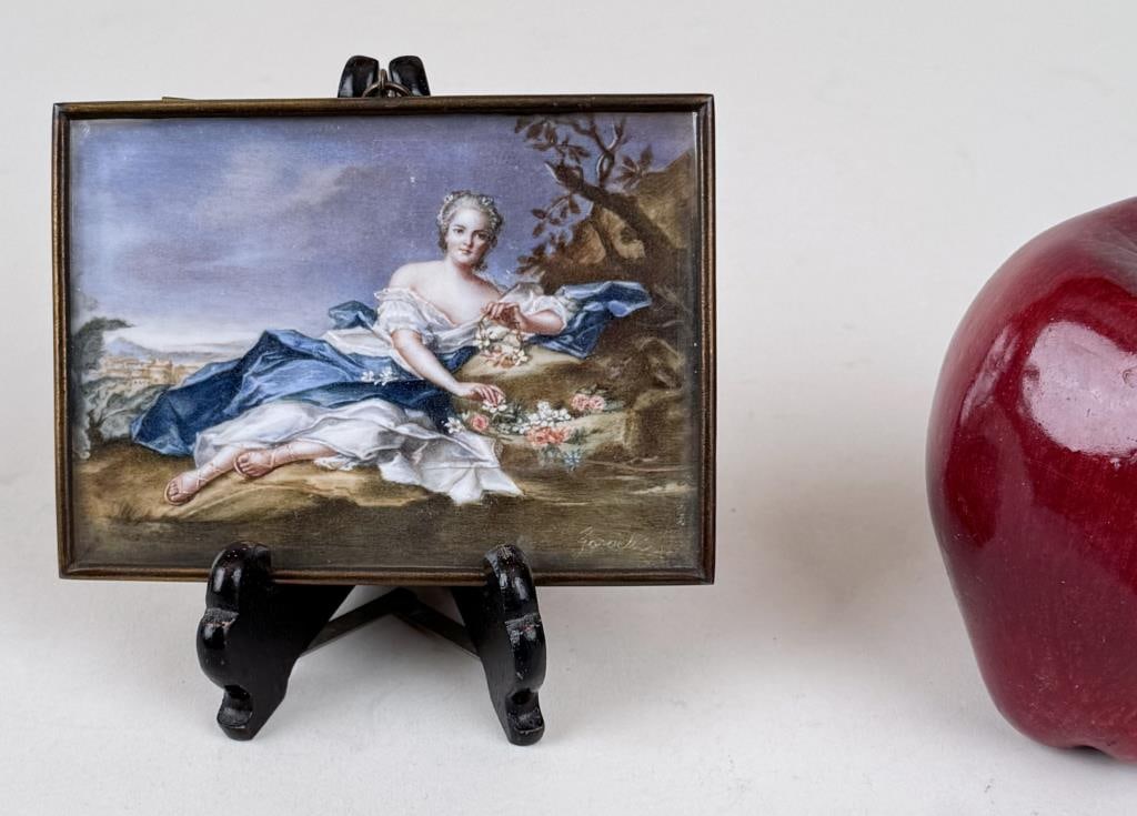 Gardelli, Miniature Portrait of Anna Henriette: Nimes Gardelli (Italian, 20th C.), rectangular portrait of Anna Henriette, daughter of Louis XV as Flora, after work by Jean Marc Nattier, signed "Gardelli", lower right. Gardelli was an early 20th ce
