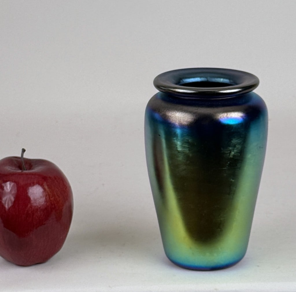 Tiffany LCT Favrile Blue Glass Vase: with irridescent tones. 6 " high, 4" diameter. Repaired.