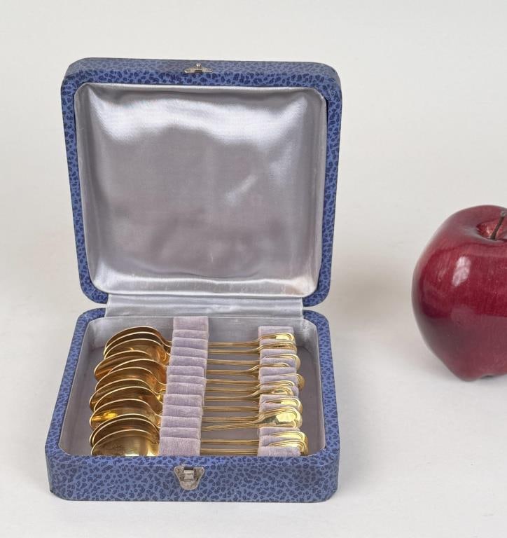 Set Twelve French Gilt Sterling Demitasse Spoons: in original leather case. 4" long. Weight: 3.920 OZT. Light oxidation. *No credit card payments will be accepted for silver, gold, or jewelry from buyers that have not purchased from our gallery in th