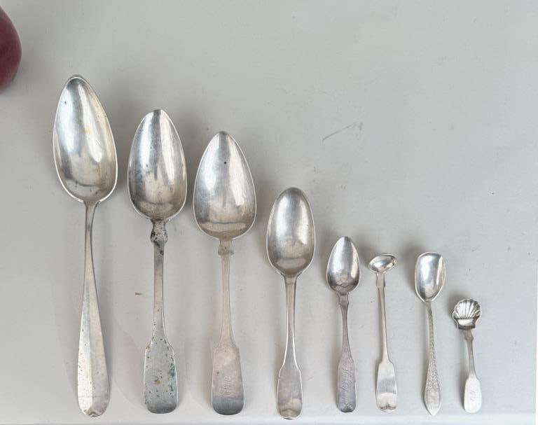 Group Eight Mostly Continental Coin Silver Wares: comprising five spoons, small ladle, two small sugar spoons. Largest 11 1/4" long. Weight:10.385 OZT. *No credit card payments will be accepted for silver, gold, or jewelry from buyers that have not p
