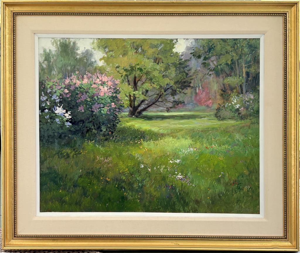 H. Beckmann, Landscape Scene Near Pond: Helmut Peter Beckmann (German/Am. 1929-2010) serene oil on canvas landscape scene with blossoming tree, signed lower right "P. Beckmann". Frame: 33 1/2" high, 39" wide; sight: 23 1/2" high, 29" wide.