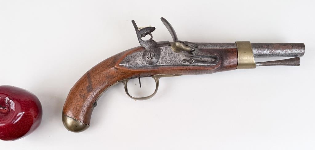 Napoleonic Wars Flintlock Pistol: signed Maubeuge Royal Arsenal, inspectors hallmark. 5 1/4" high, 14 1/2" wide,1 1/2" deep. Age and use wear.