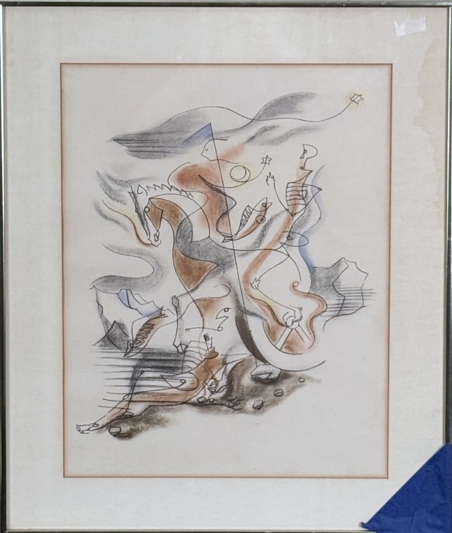 A. Masson, Surrealist Lithograph: Cavalier (or Horse and Knight) by Surrealist artist Andr? Masson (French, 1896-1987). Paper embossed "JB". Frame size: 25 1/4" high, 21 1/4" wide. Toning, soiling to matting; glass as is. Not examined