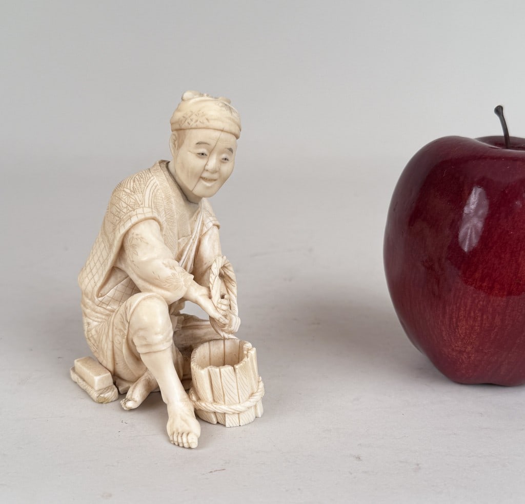 Carved Bone Japanese Fisherman Figure, Signed (1 of 7)