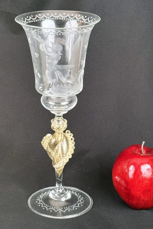 Signed Murano Tritan Art Glass Wine Glass: with etched body and base. 10 1/2" high, 4 1/4" diameter.