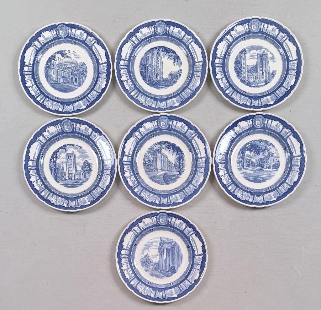 Seven Wedgewood Cornell Plates: in blue and white, various campus scenes. 10 3/4" diameter. Age and use wear, one repaired.